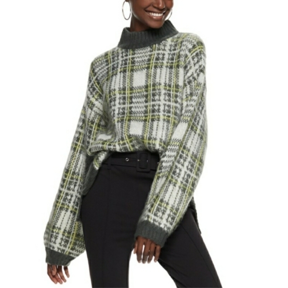 𝅺NINE West Acrylic Yellow Gray White Plaid Boxy Sweater Size Large
